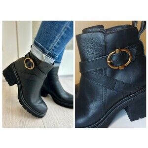 Aqua Sofft Boots Sz 9 Jenine Black Leather Chunky Heel Moto Water Resistant